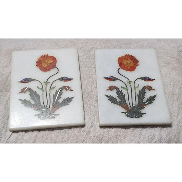 Stone Floral Inlay Coasters Tiles Set of 2 - Picture 2 of 5